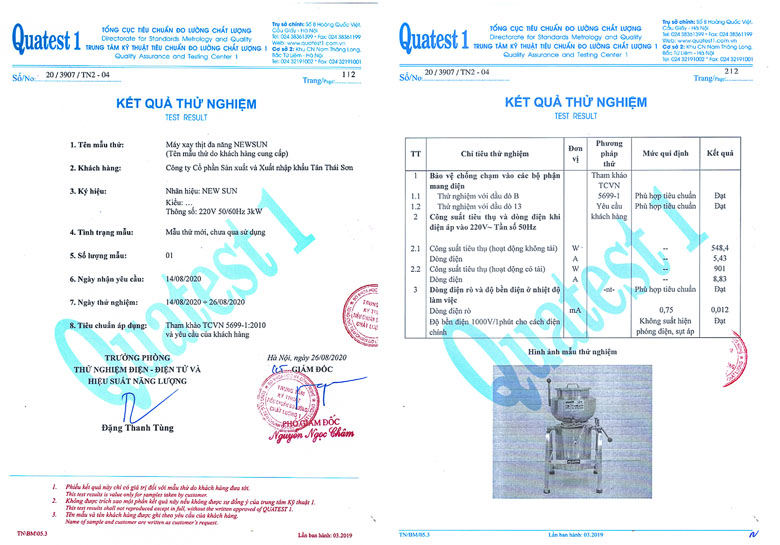 Phiếu kết quả thử nghiệm mẫu máy xay giò chả tại hệ thống của chúng tôi