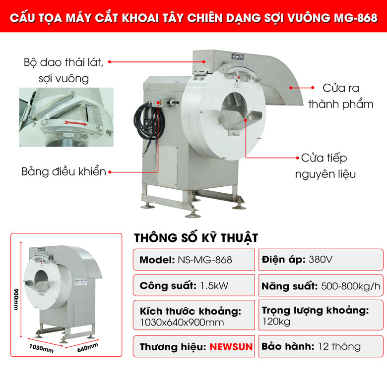 Cấu tạo máy cắt khoai tây chiên dạng sợi vuông MG-868