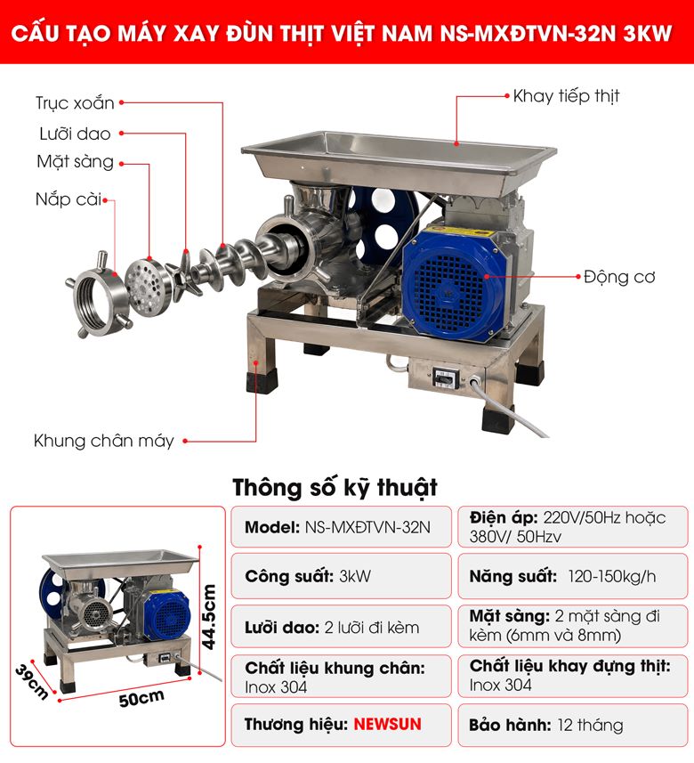 Máy xay đùn thịt Việt Nam MXĐTVN-32N 3kW chính hãng Cấu tạo chi tiết của máy xay đùn thịt Việt Nam MXĐTVN-32N 3kW