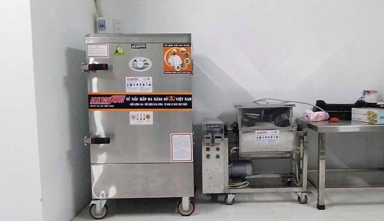 Bộ đôi tủ hấp 8 khay và máy rang chà bông 5kg cho cơ sở kinh doanh nhỏ