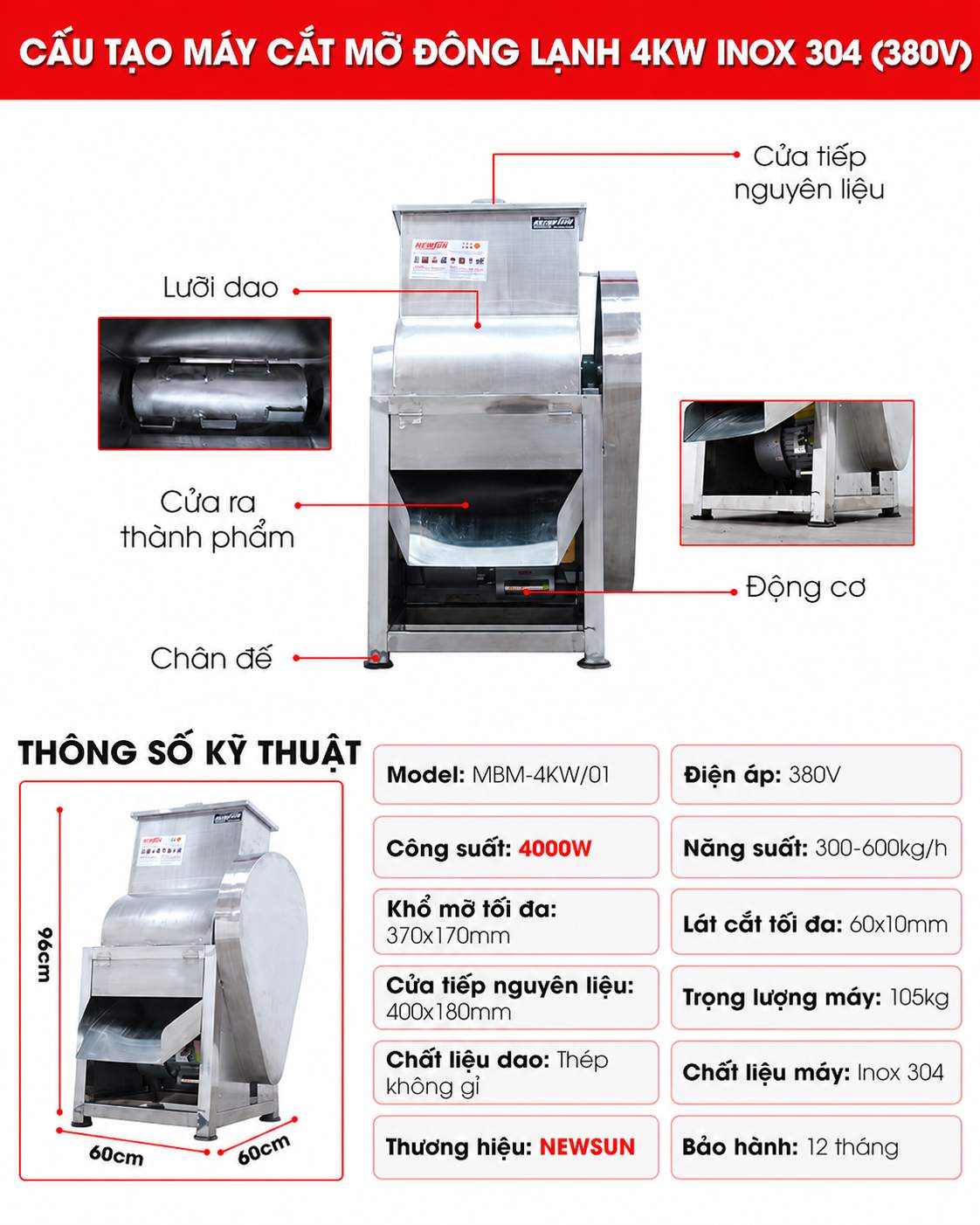 Cấu tạo máy cắt mỡ đông lạnh 4kW inox 304