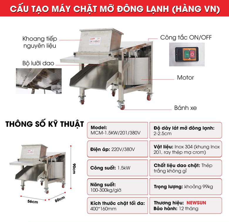 Máy chặt mỡ đông lạnh 1,5kW (hàng Việt Nam) Cấu tạo máy chặt mỡ đông lạnh 1,5kW
