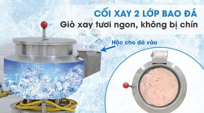 Địa chỉ mua máy xay giò chả công nghiệp Hải Phòng chất lượng, giá tốt Cối inox của máy được thiết kế hai lớp, ở giữa có khoang chứa đá lạnh