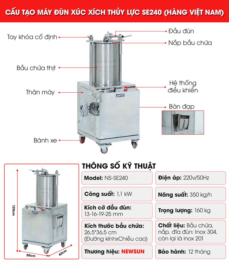 Cấu tạo và thông số của máy đùn xúc xích thủy lực 1100W SE240 350kg/h Cấu tạo và thông số của máy đùn xúc xích thủy lực 1100W SE240 350kg/h