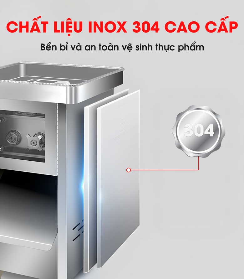 Chất liệu inox 304 cao cấp, chắc chắn, dễ vệ sinh và an toàn khi chế biến thực phẩm