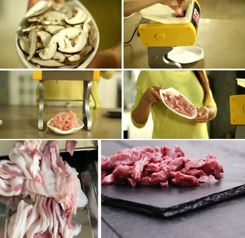 Thành phẩm thịt sau khi thái bằng máy thái thịt tươi sống mini HR-70