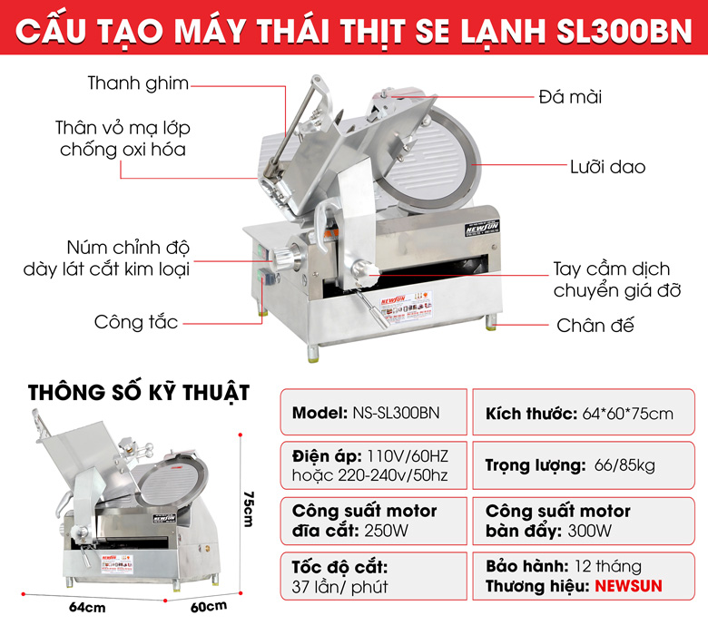 Máy thái thịt se lạnh SL300BN (bản cao cấp) Chi tiết cấu tạo của máy thái thịt se lạnh SL300BN