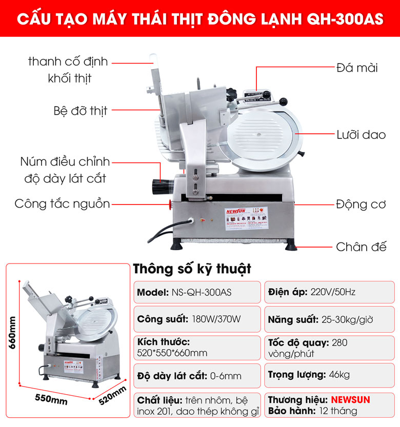Máy thái thịt se lạnh tự động QH-300AS Chi tiết cấu tạo của máy thái thịt se lạnh tự động QH-300AS